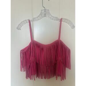 NYLON Apparel Pink Rhinestone Fringe Crop Top Size M
